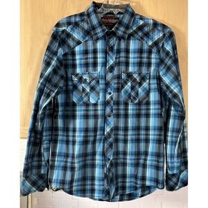 Rock & Roll Cowboy Plaid Western Shirt Mens L Long Sleeve Button Up Pearl Snap